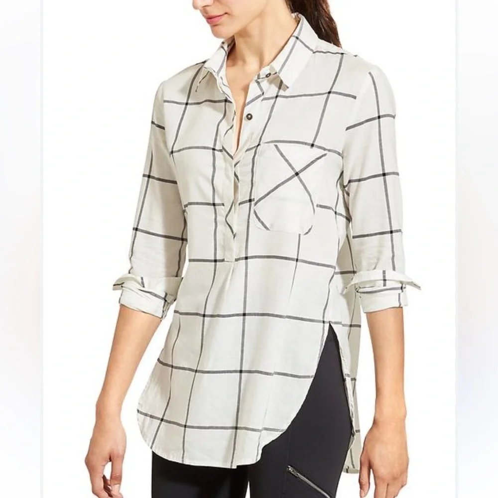 Athleta Presidio White and Black Checkered Button-Up Shirt Tunic EUC - Picture 1 of 9